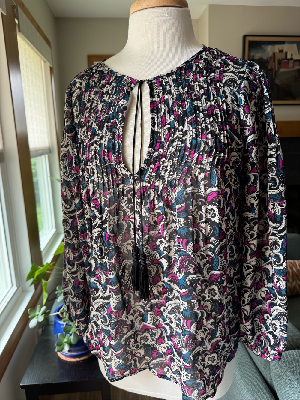 JOIE Suzetta Tie-Neck Blouse in Black, Pink & Teal